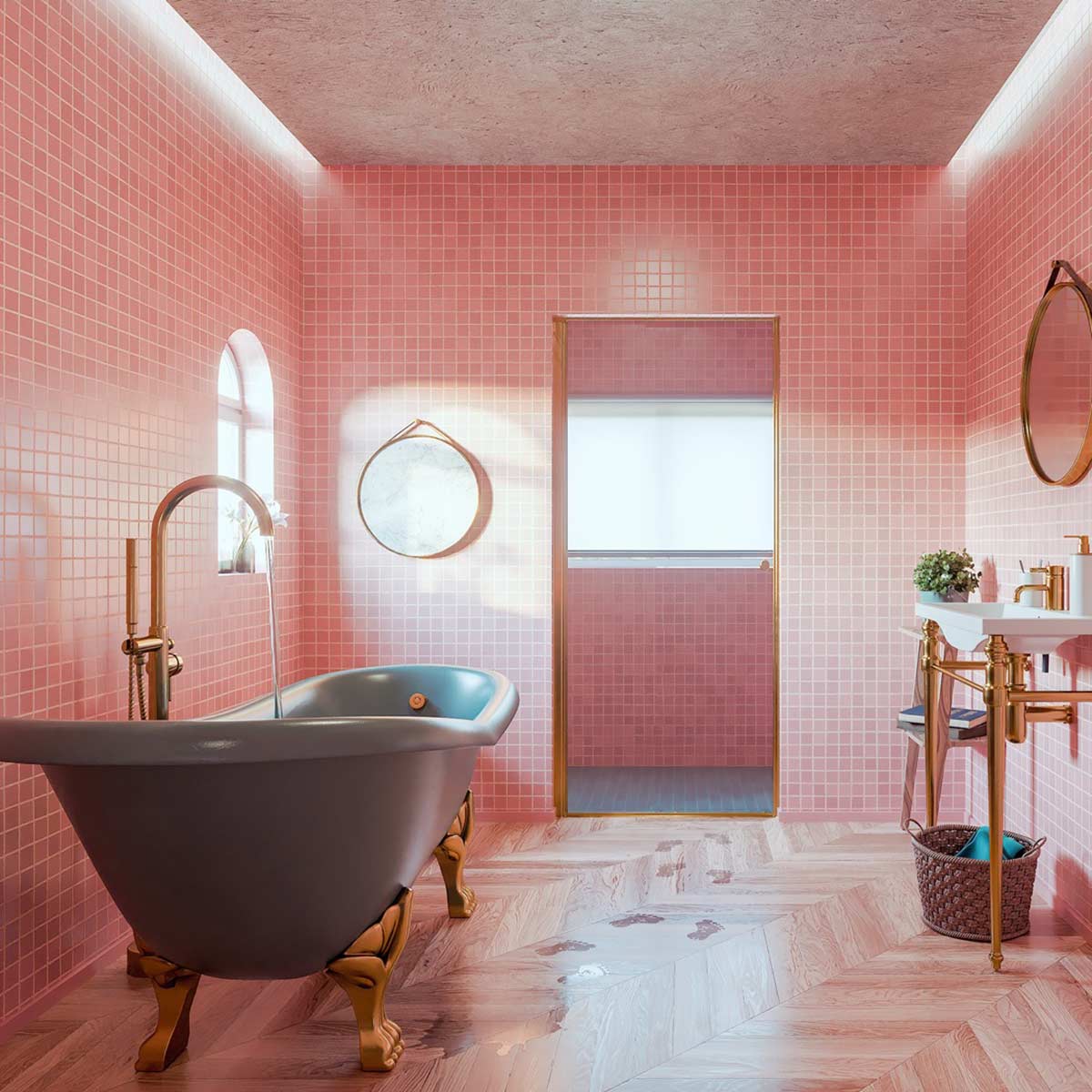 Phòng tắm theo bảng màu của Wes Anderson. Nguồn: home-designing Phòng tắm theo bảng màu của Wes Anderson. Nguồn: home-designing